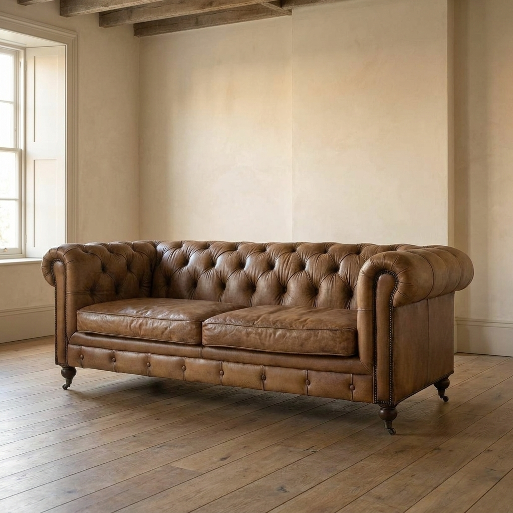 Lifestyle scene featuring Newport Chesterfield Sofa In Ant Buffalo. AI-generated supplementary image; refer to primary product photos for color and material accuracy.
