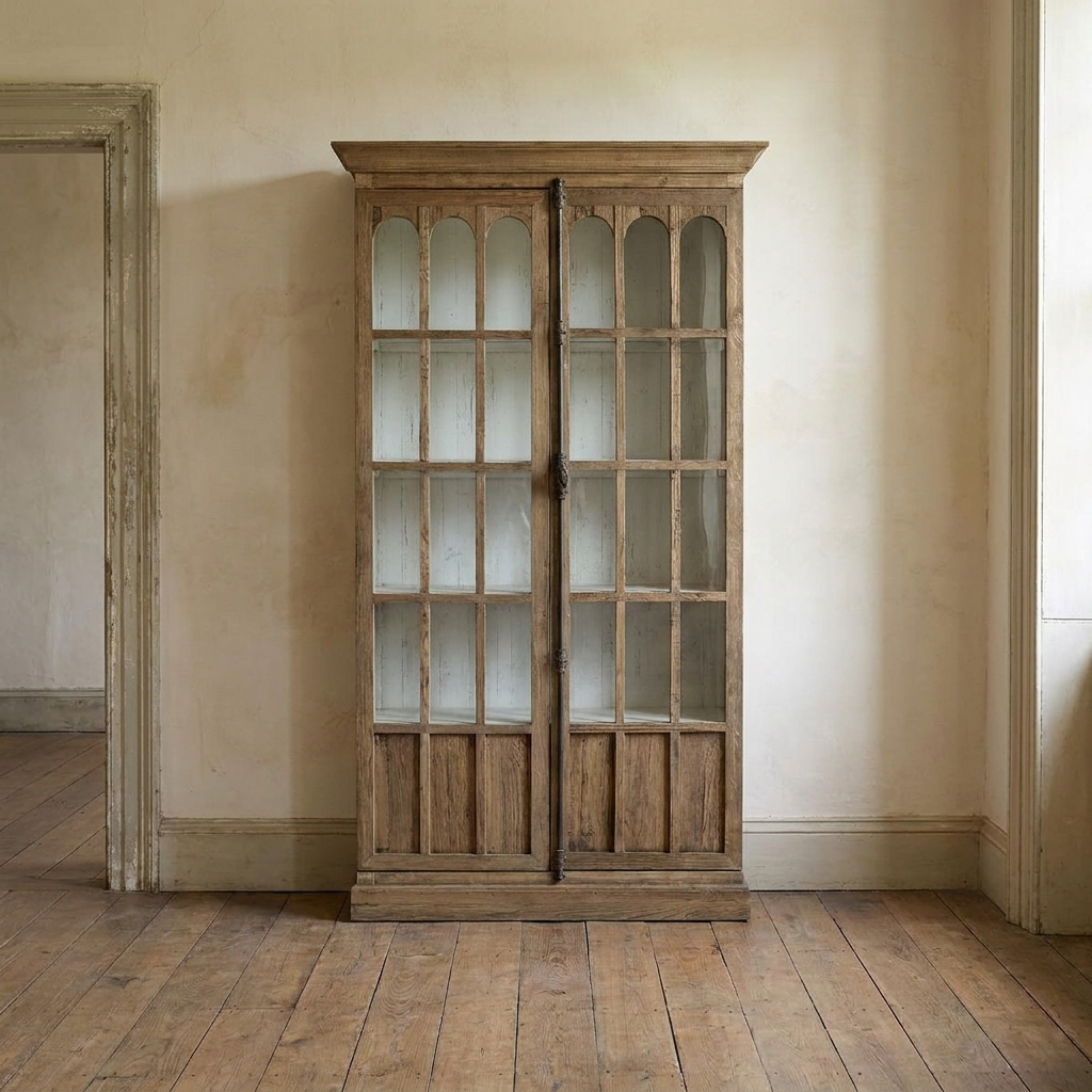 Lifestyle scene featuring Oak Cabinet W/Distressed Shelving. AI-generated supplementary image; refer to primary product photos for color and material accuracy.