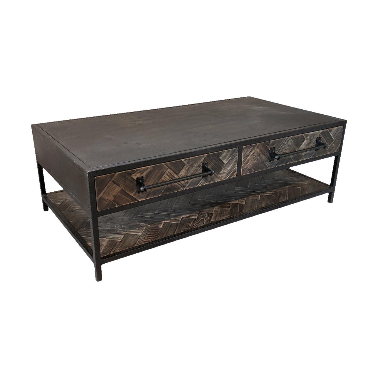 Old Pine & Iron Coffee Table w/ Drawers