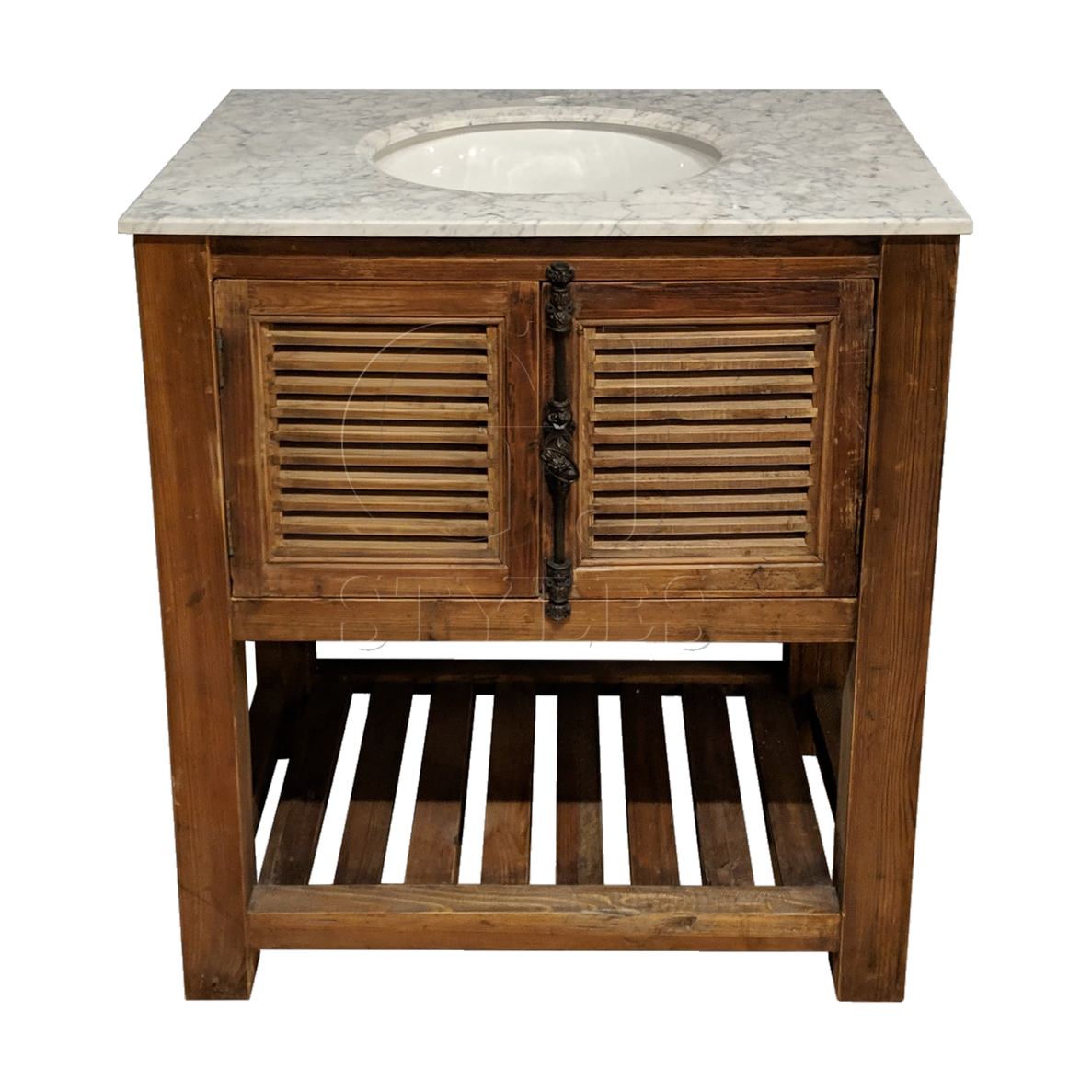 Old Pine Louvered Vanity with White Marble