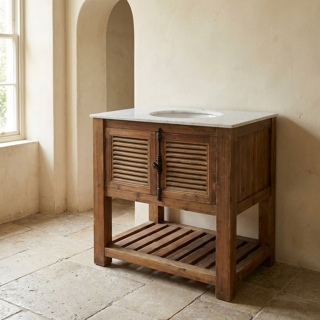 Lifestyle scene featuring Old Pine Louvered Vanity with White Marble. AI-generated supplementary image; refer to primary product photos for color and material accuracy.