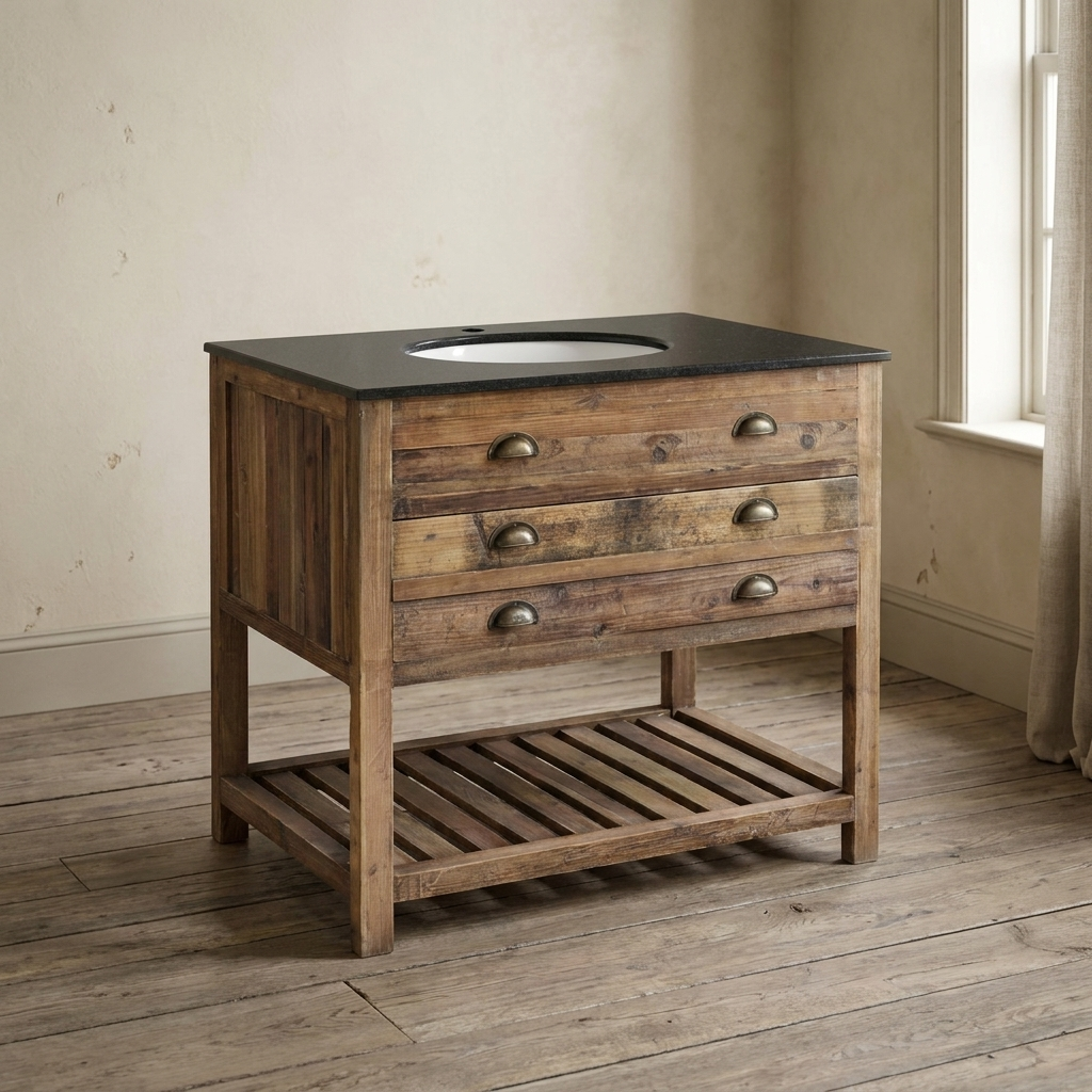 Lifestyle scene featuring Old Pine Single Vanity with Black Granite. AI-generated supplementary image; refer to primary product photos for color and material accuracy.