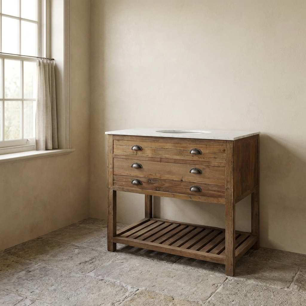 Lifestyle scene featuring Old Pine Single Vanity with White Marble. AI-generated supplementary image; refer to primary product photos for color and material accuracy.