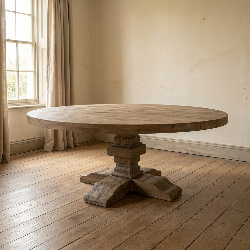 Lifestyle scene featuring Paris Round D/T Large Rustic Oak. AI-generated supplementary image; refer to primary product photos for color and material accuracy.