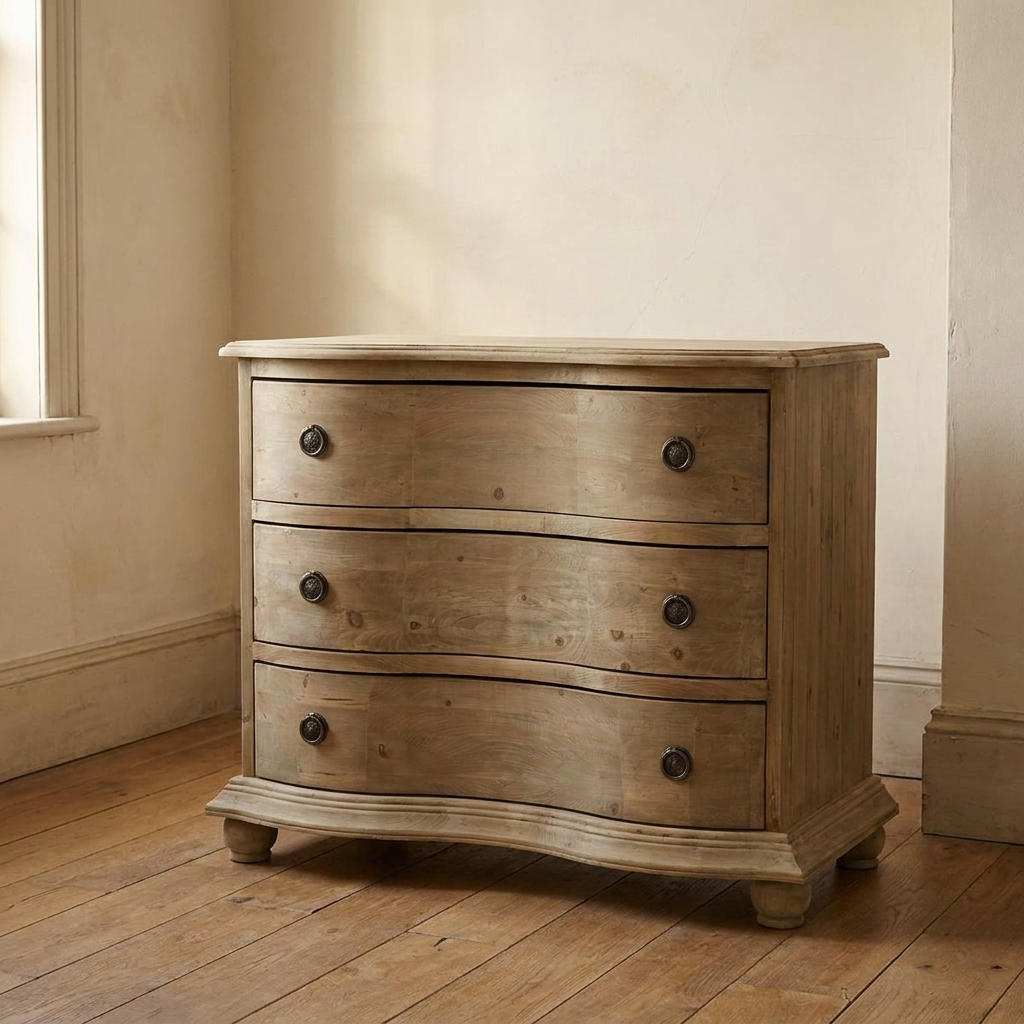 Lifestyle scene featuring Pine 3 Drawer Chest In Natural Pine. AI-generated supplementary image; refer to primary product photos for color and material accuracy.