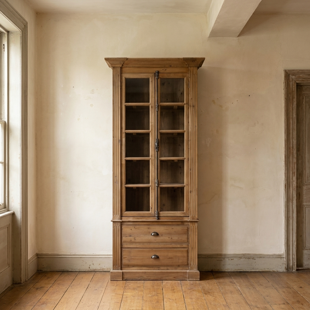 Lifestyle scene featuring Pine Bookcase 2 Dr/2 Drwr W/ Bin Pulls. AI-generated supplementary image; refer to primary product photos for color and material accuracy.