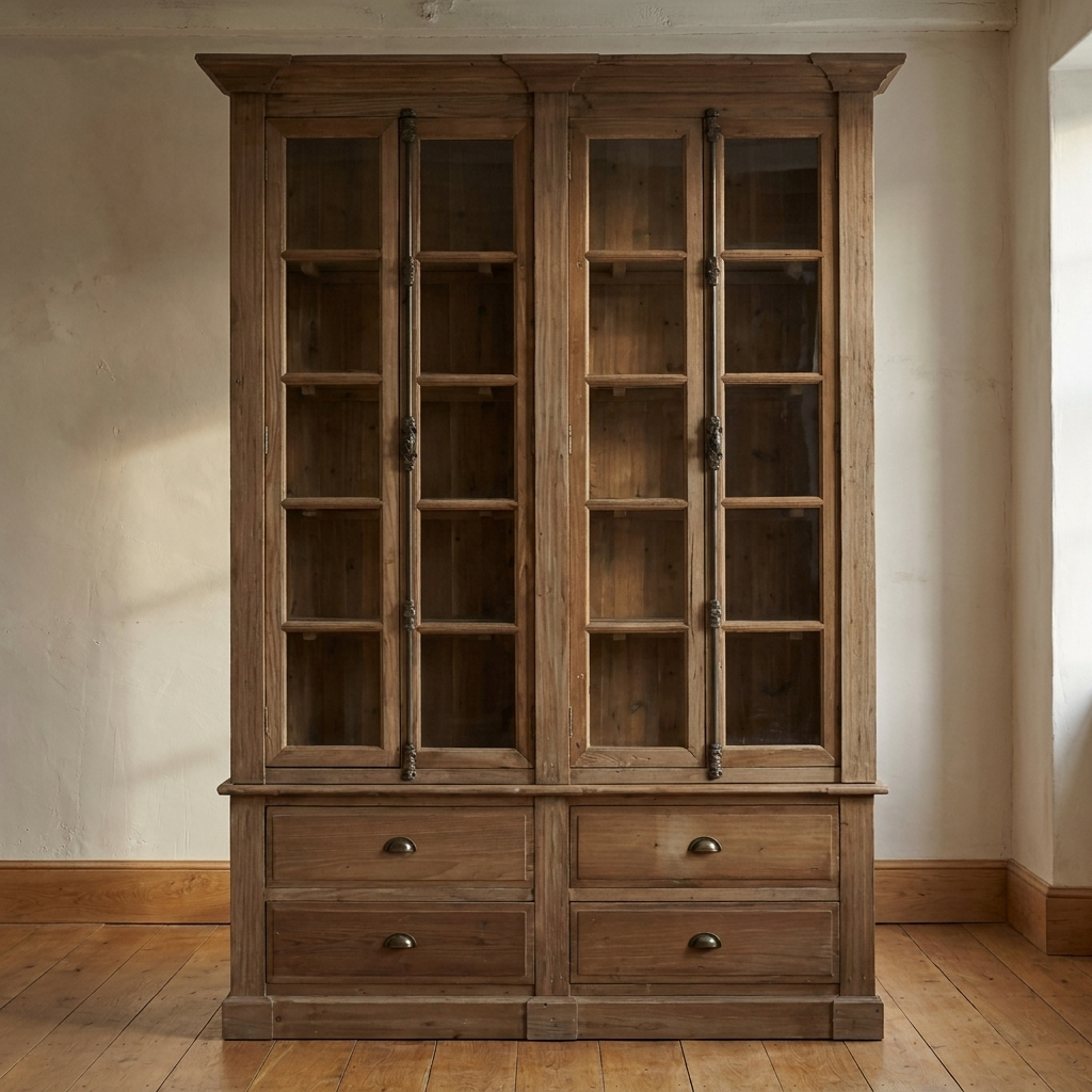 Lifestyle scene featuring Pine Bookcase 4 Dr/4 Drwr W/ Bin Pulls. AI-generated supplementary image; refer to primary product photos for color and material accuracy.
