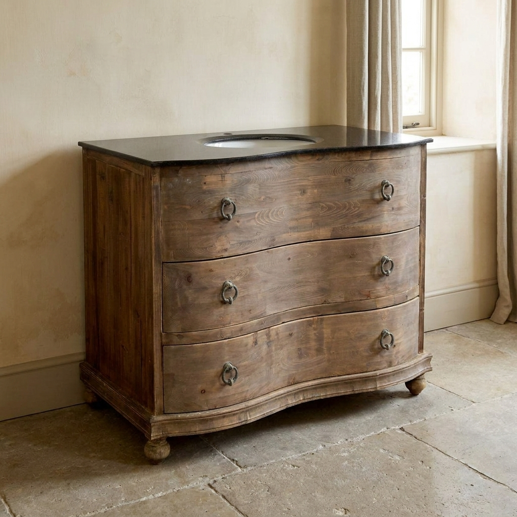 Lifestyle scene featuring Pine Serpentine Vanity with Black Granite. AI-generated supplementary image; refer to primary product photos for color and material accuracy.