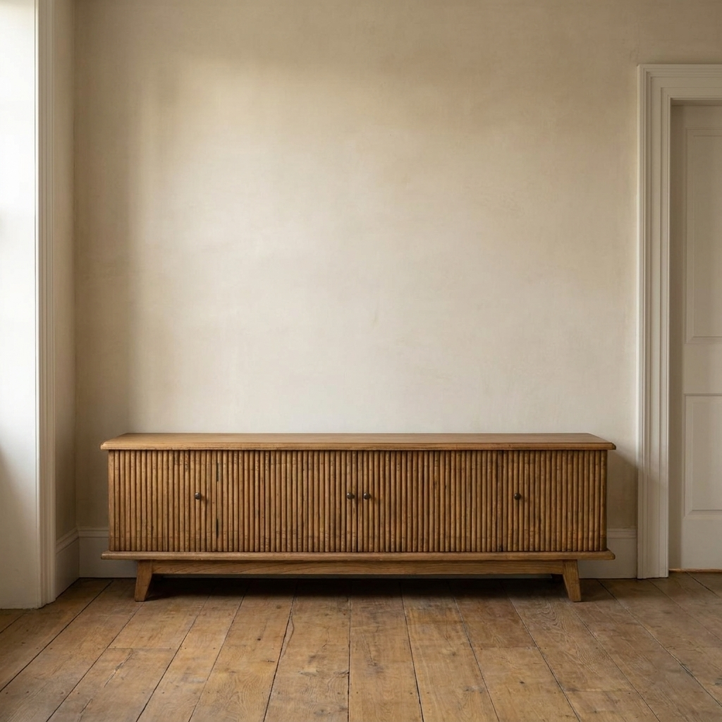 Lifestyle scene featuring Reclaimed Oak Entertainment Console. AI-generated supplementary image; refer to primary product photos for color and material accuracy.