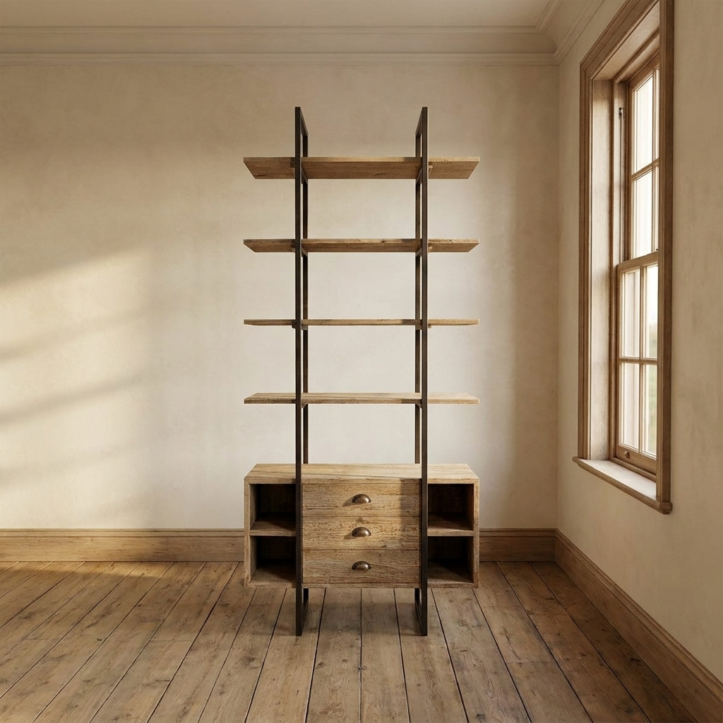 Lifestyle scene featuring Reclaimed Oak Shelf With Drawers. AI-generated supplementary image; refer to primary product photos for color and material accuracy.