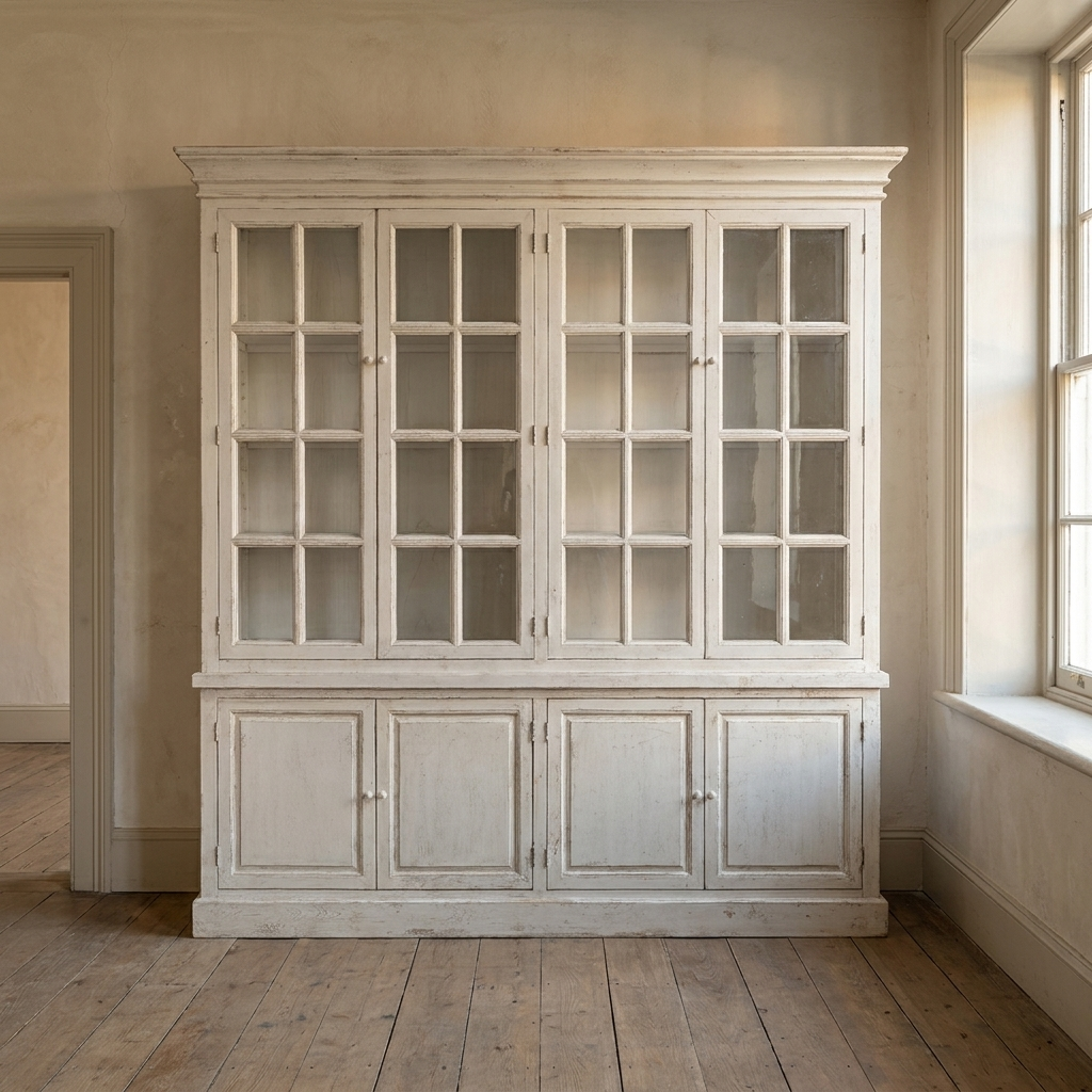 Lifestyle scene featuring Reclaimed Pine Bookcase In Antique White. AI-generated supplementary image; refer to primary product photos for color and material accuracy.