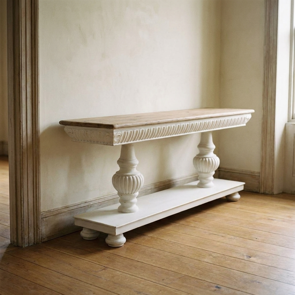 Lifestyle scene featuring Reclaimed Pine Console Table with Ball Feet. AI-generated supplementary image; refer to primary product photos for color and material accuracy.