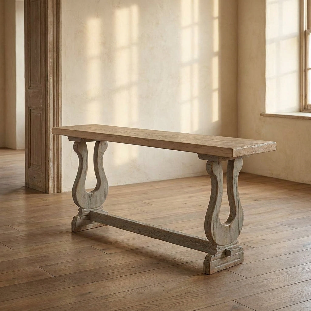 Lifestyle scene featuring Reclaimed Pine Console With Painted Base. AI-generated supplementary image; refer to primary product photos for color and material accuracy.