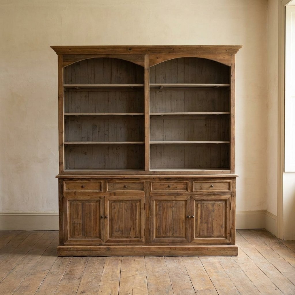 Lifestyle scene featuring Reclaimed Pine Double Arched Bookcase. AI-generated supplementary image; refer to primary product photos for color and material accuracy.