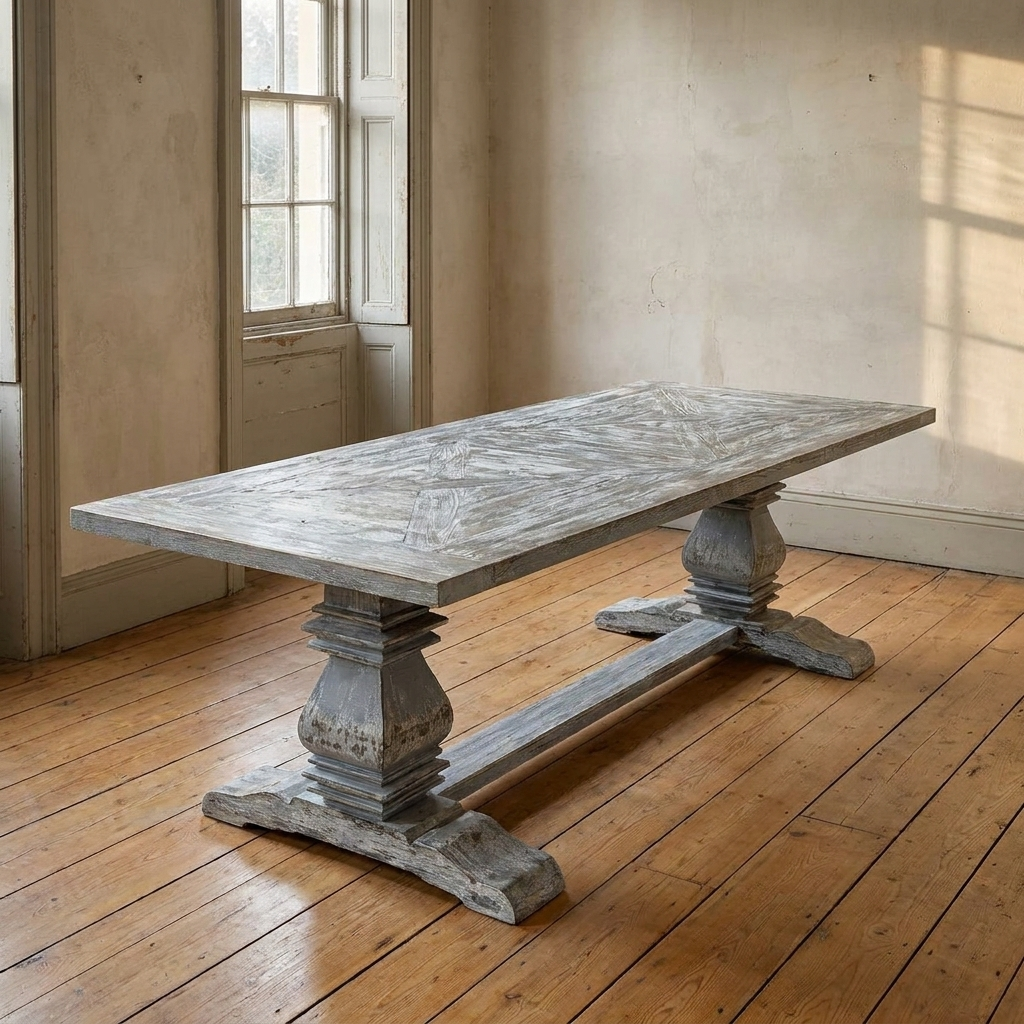 Lifestyle scene featuring Reclaimed Pine Parquet Top Baluster Tbl. AI-generated supplementary image; refer to primary product photos for color and material accuracy.