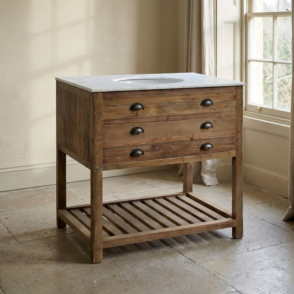 Lifestyle scene featuring Reclaimed Pine Single Vanity with White Marble. AI-generated supplementary image; refer to primary product photos for color and material accuracy.