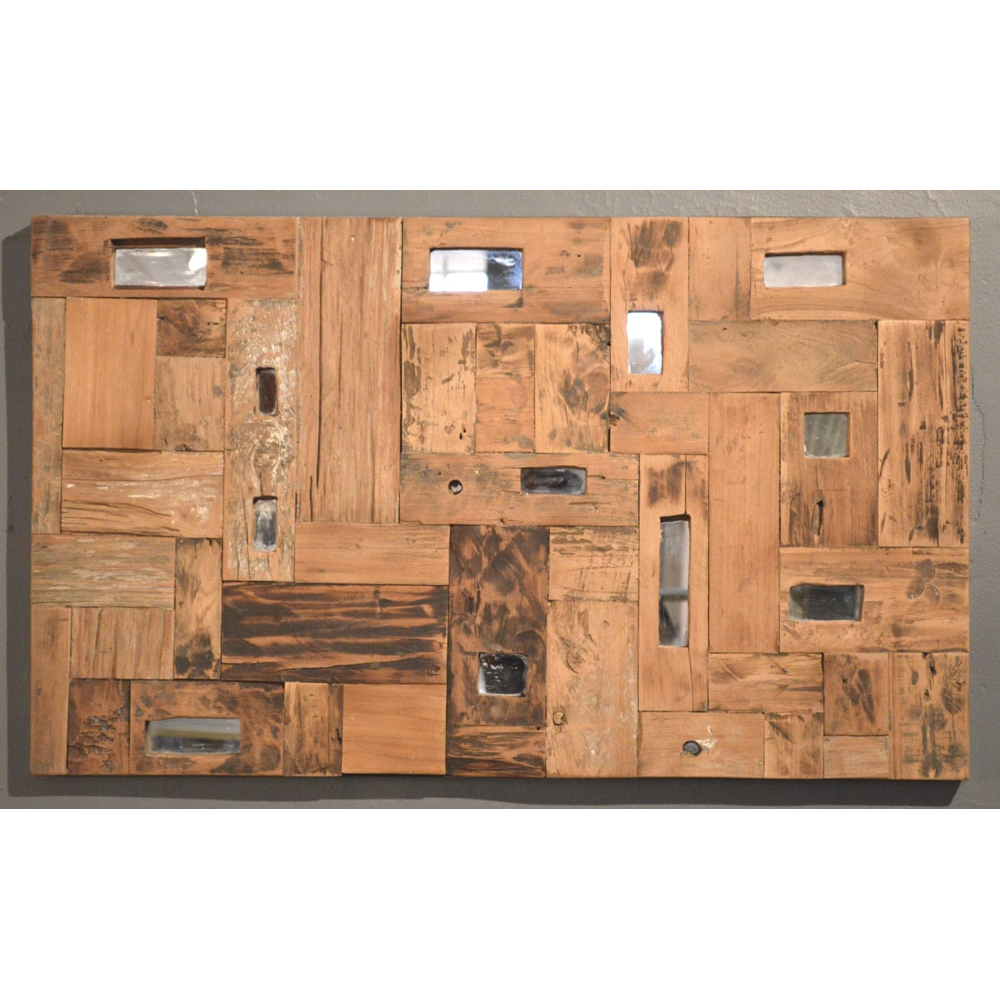 Rectangular teak mosaic wall panel with flush mirror insets