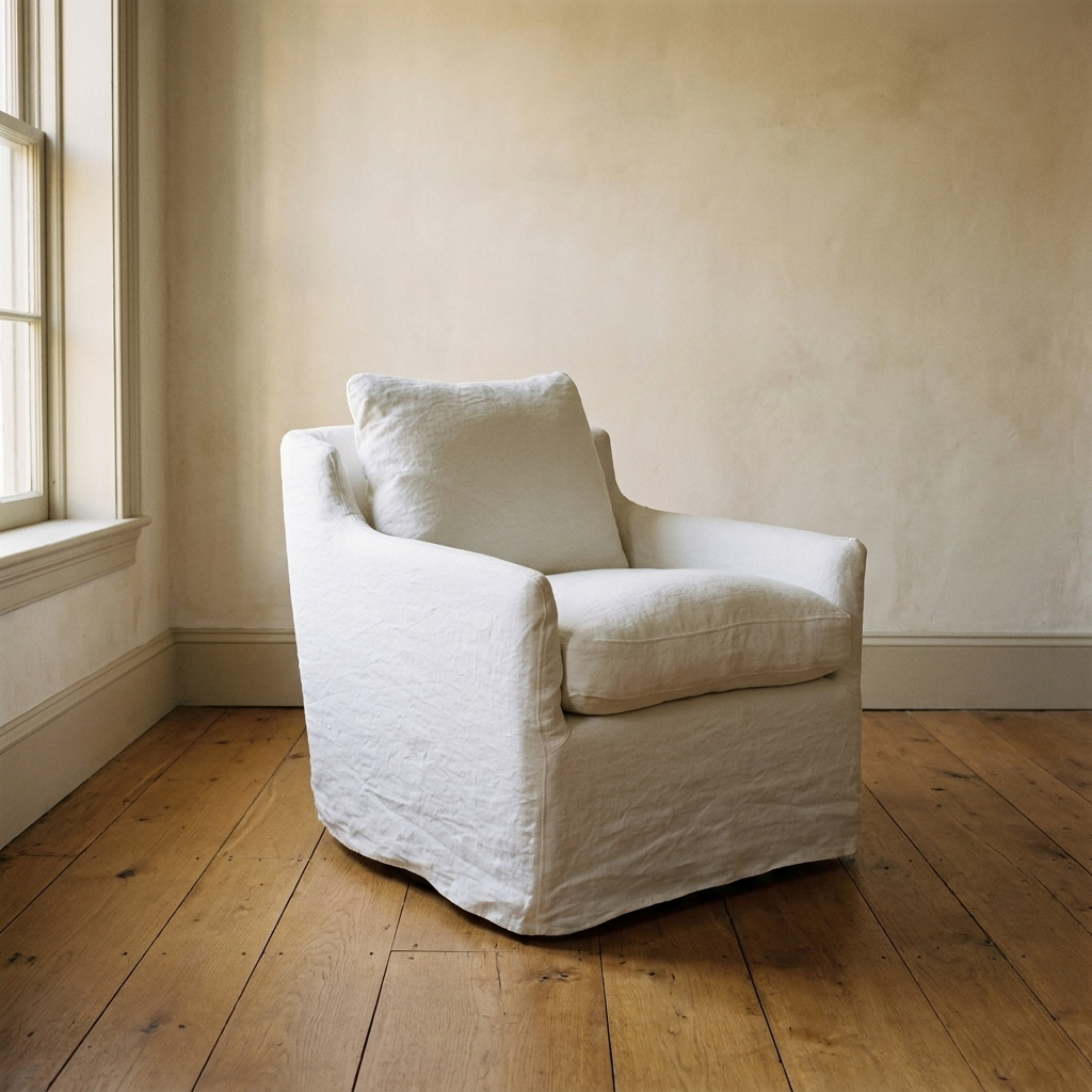 Lifestyle scene featuring Rhone Swivel Chair W/Belgium White Linen. AI-generated supplementary image; refer to primary product photos for color and material accuracy.