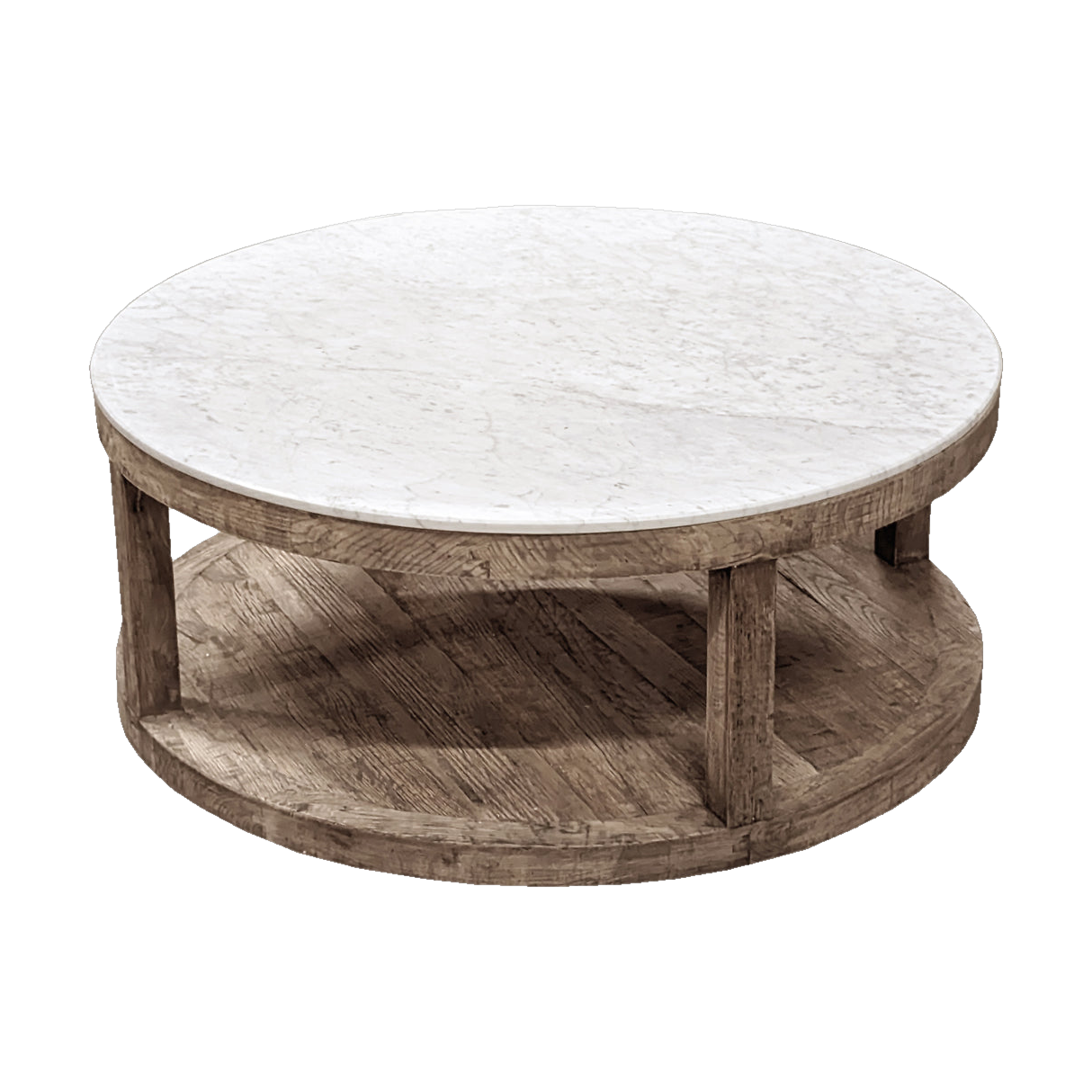 Round Oak Coffee Table w/ White Marble