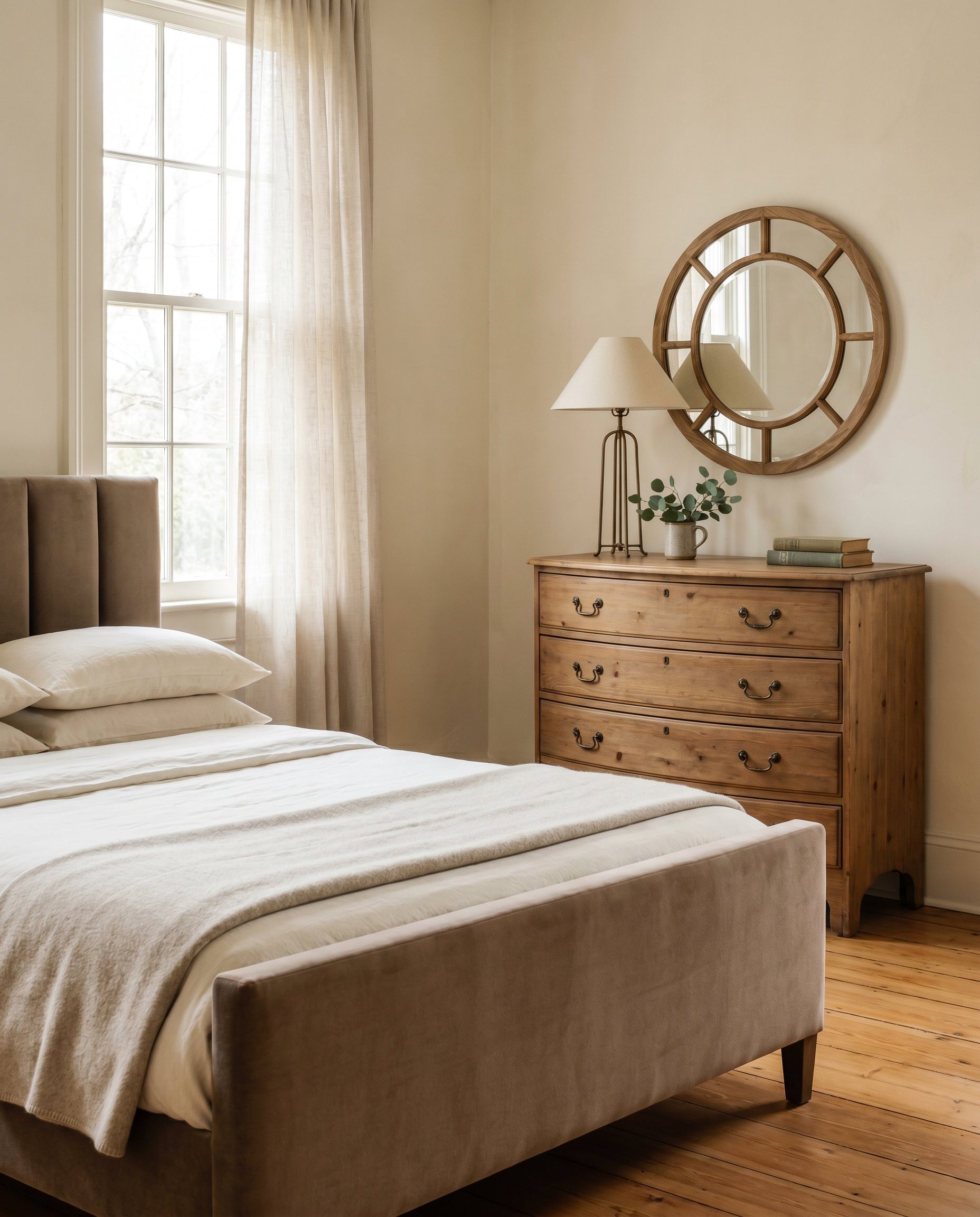 Emma Grace Home Bedroom: Yuki Queen Bed in Mushroom Velvet (SN631), Pine 4 Drawer Bowfront Chest (AH05), Reclaimed Oak Round Mirror Large (CS215), Bordeaux Lamp with Shade (DF03), bare oak floors.