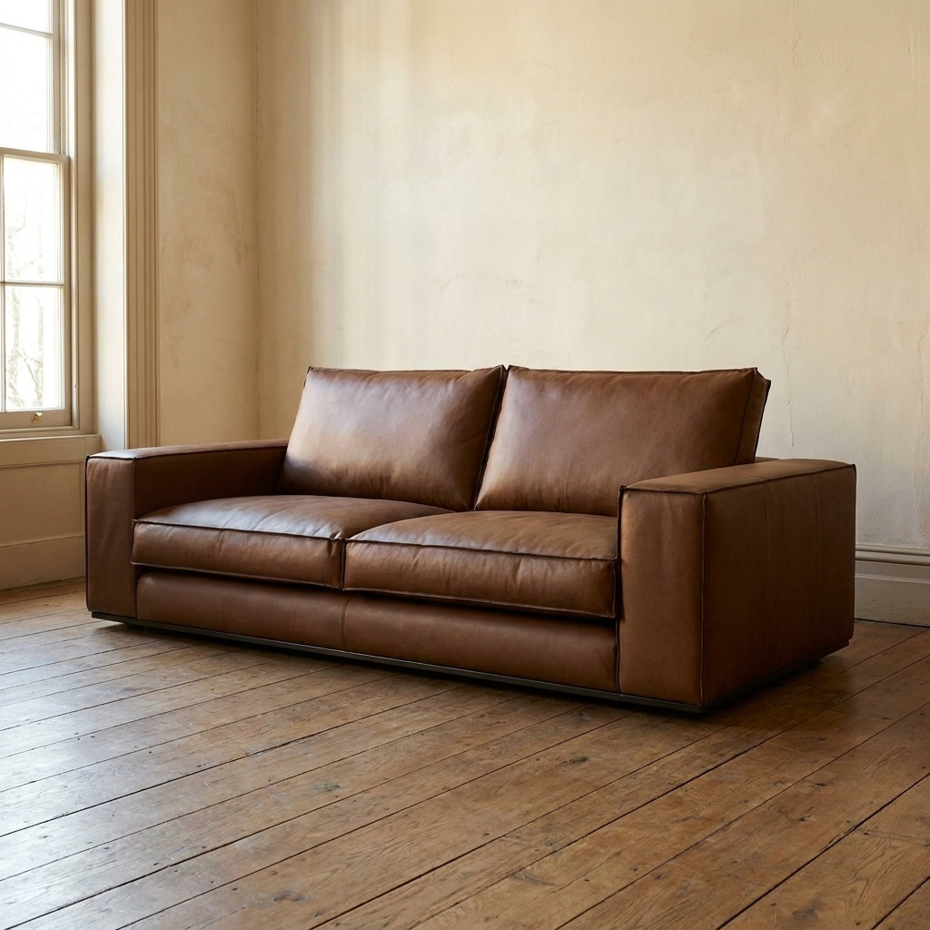 Lifestyle scene featuring Sienna Sofa Small in Matte Brown Leather. AI-generated supplementary image; refer to primary product photos for color and material accuracy.