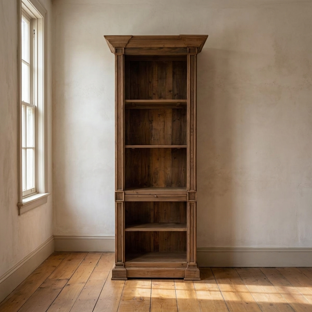 Lifestyle scene featuring Single Open Bookcase In Old Pine. AI-generated supplementary image; refer to primary product photos for color and material accuracy.