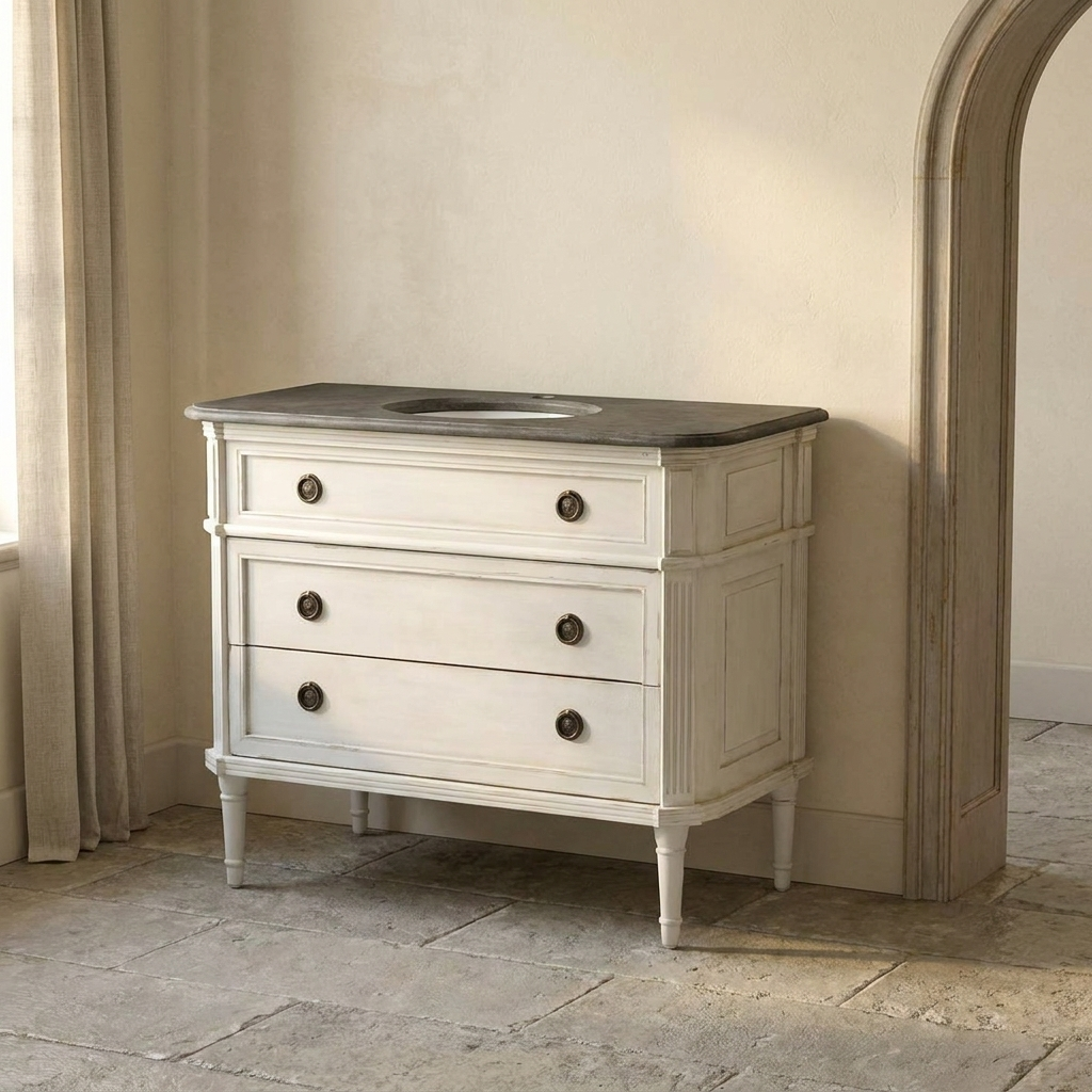 Lifestyle scene featuring Single Vanity Chest In Antique White. AI-generated supplementary image; refer to primary product photos for color and material accuracy.