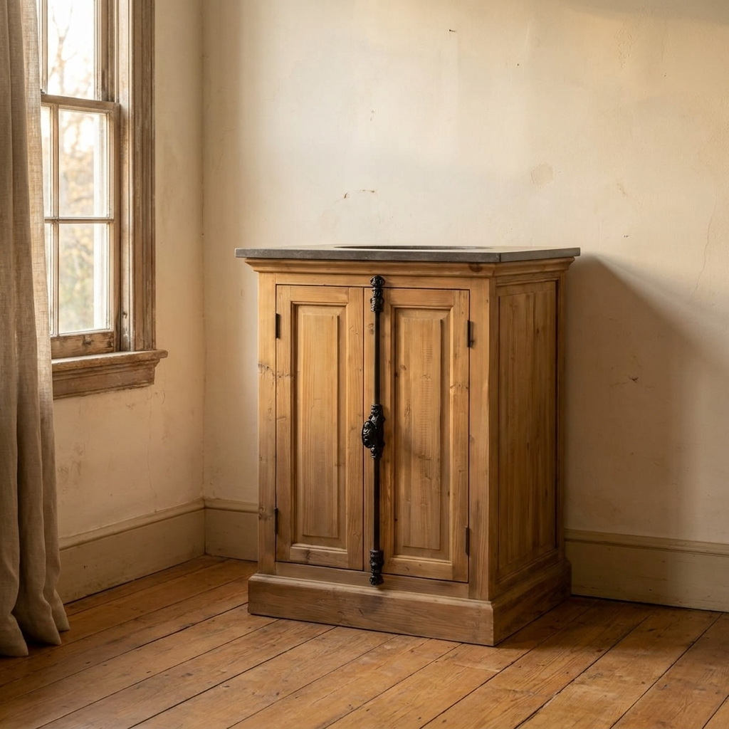 Lifestyle scene featuring Single Vanity with Panel Door in Natural. AI-generated supplementary image; refer to primary product photos for color and material accuracy.