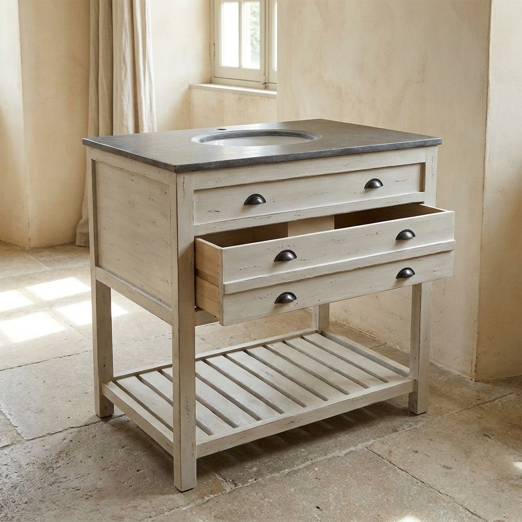 Lifestyle scene featuring Single Vanity with Drawers & Shelf. AI-generated supplementary image; refer to primary product photos for color and material accuracy.