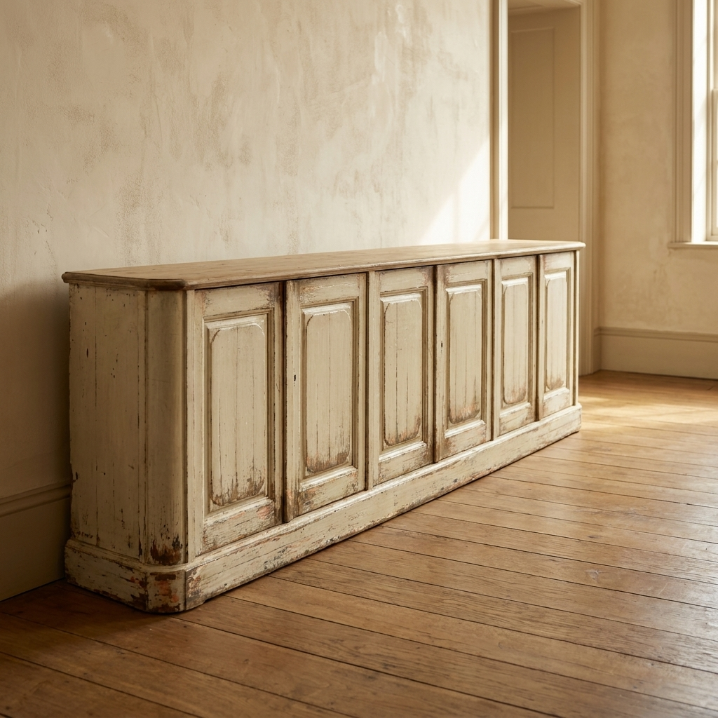 Lifestyle scene featuring Six Door Panel Server Distressed Finish. AI-generated supplementary image; refer to primary product photos for color and material accuracy.
