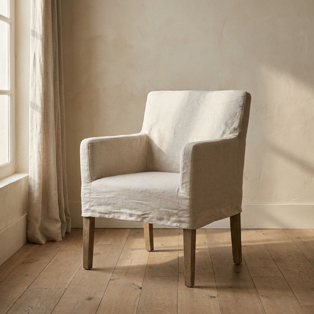 Lifestyle scene featuring Slipcovered Armchair In Ecru Linen. AI-generated supplementary image; refer to primary product photos for color and material accuracy.