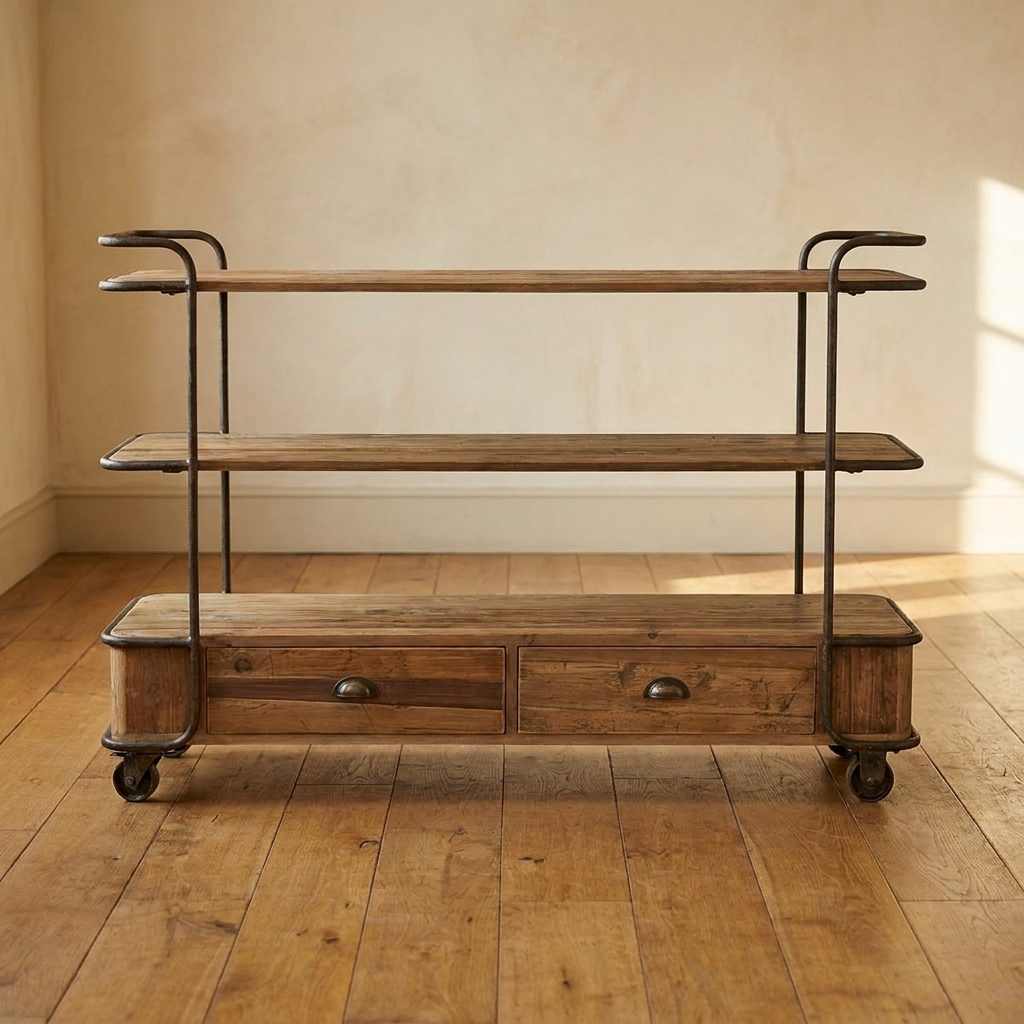 Lifestyle scene featuring Small Open Pine Shelf W/Casters. AI-generated supplementary image; refer to primary product photos for color and material accuracy.
