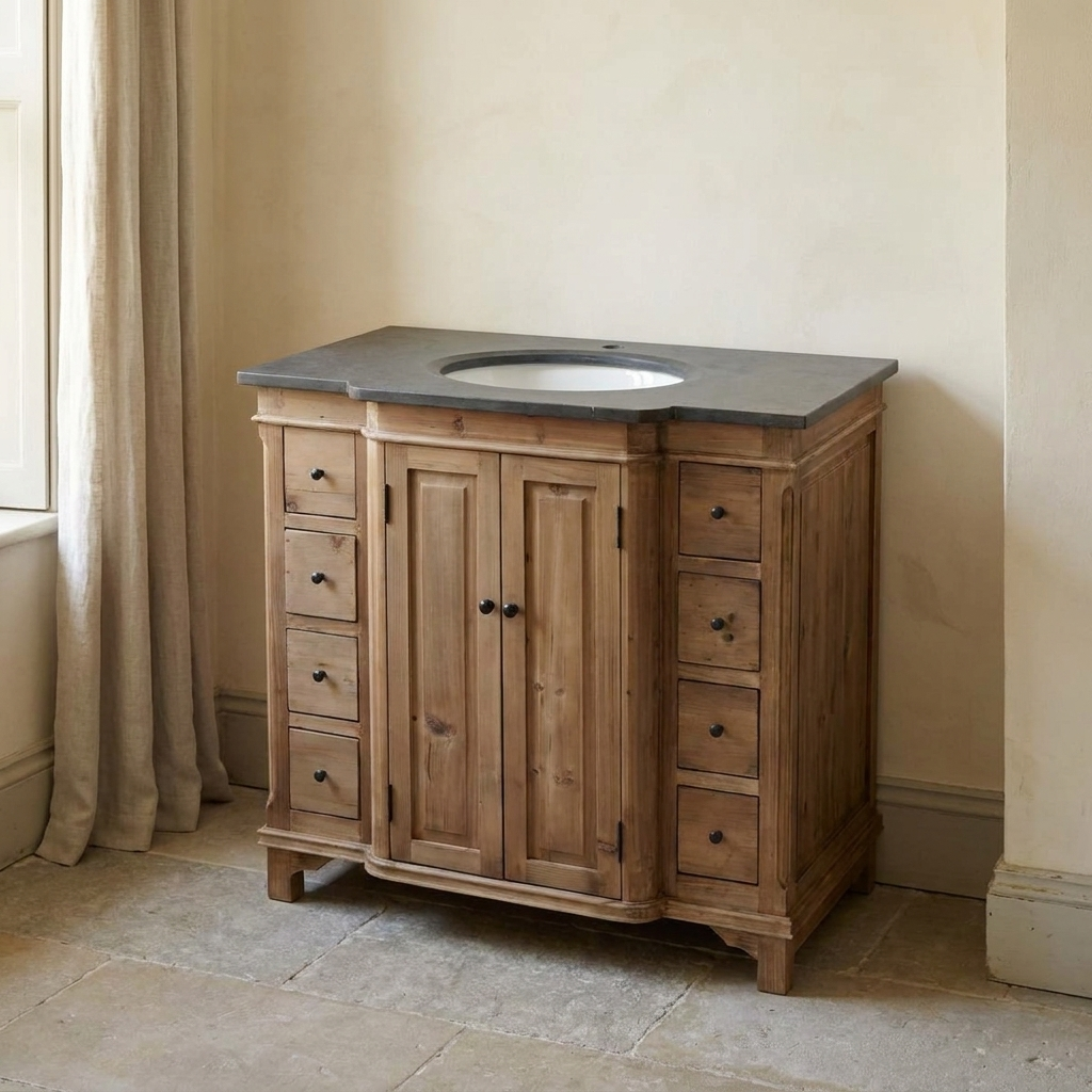 Lifestyle scene featuring Small Single Vanity Panel Door Natural. AI-generated supplementary image; refer to primary product photos for color and material accuracy.