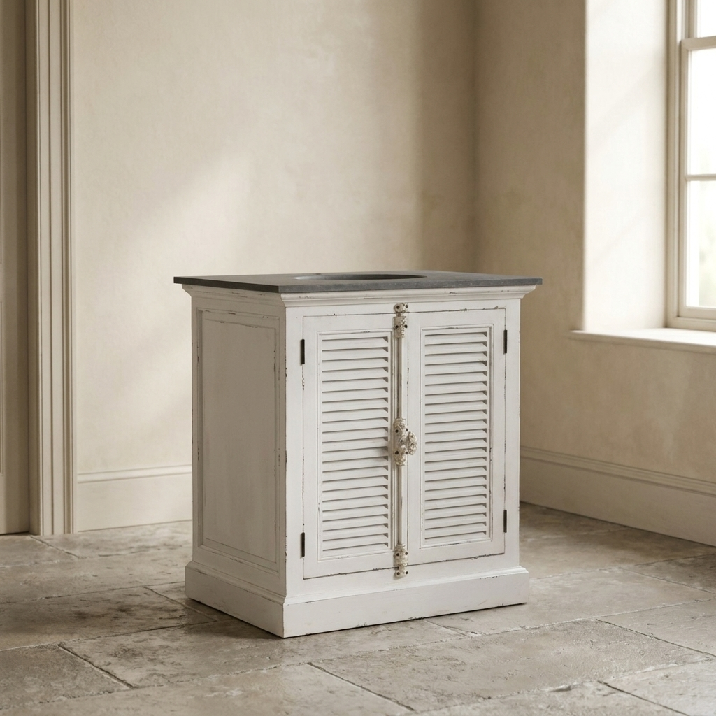 Lifestyle scene featuring Small Two Door Louvered Vanity in White. AI-generated supplementary image; refer to primary product photos for color and material accuracy.