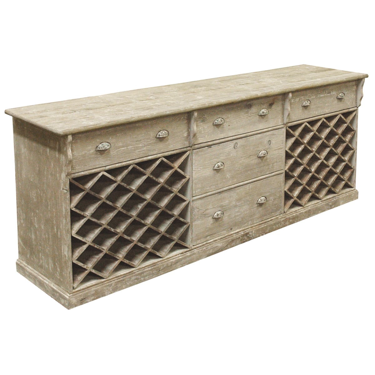 Reclaimed pine server with lattice wine racks at each side and central drawers
