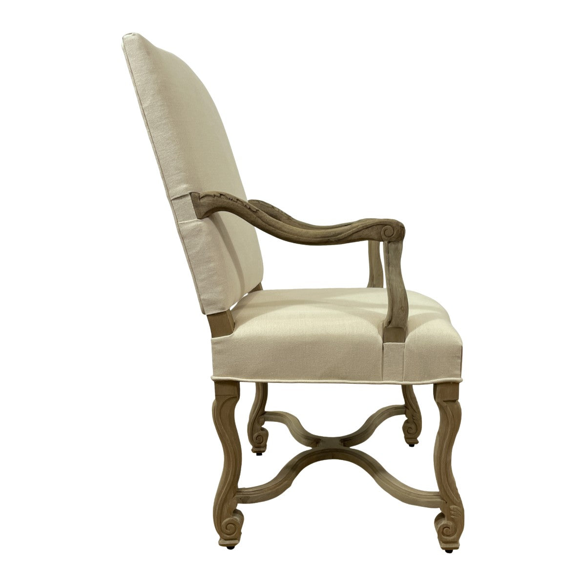 Dining arm chair with a distressed oak frame and linen upholstery