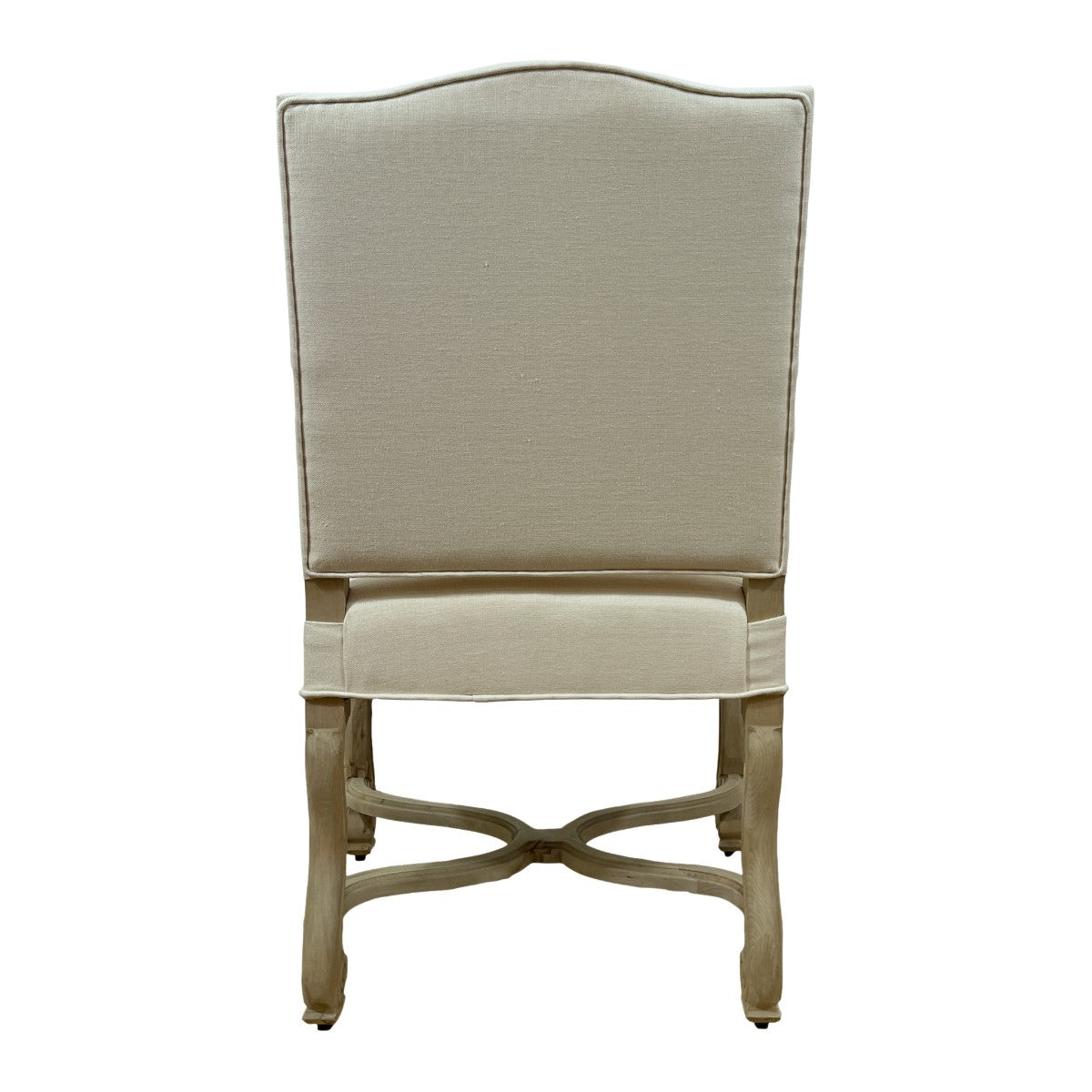 Dining arm chair with a distressed oak frame and linen upholstery