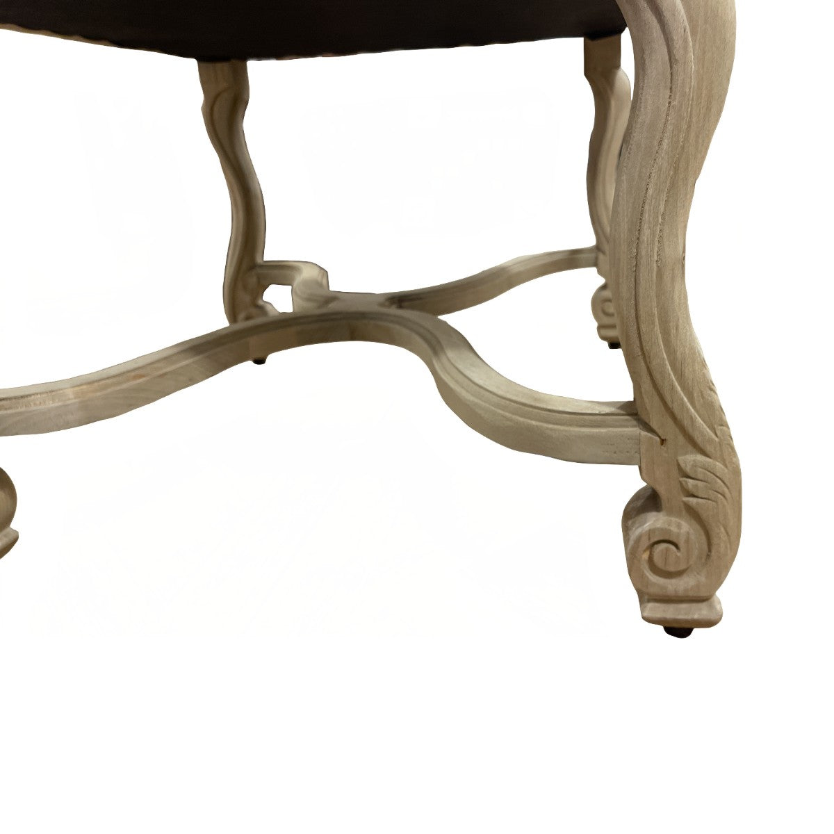 Dining arm chair with a distressed oak frame and linen upholstery
