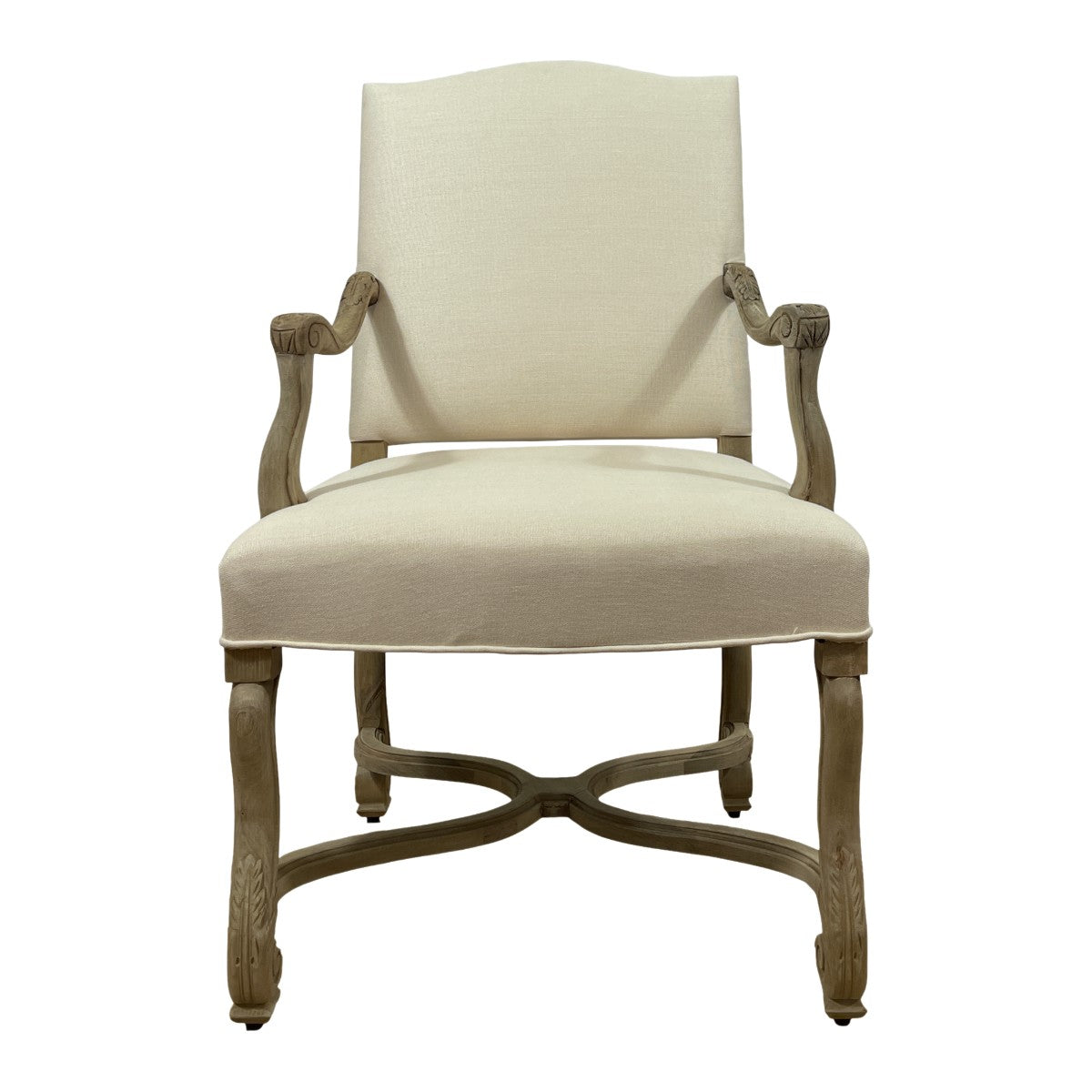 Dining arm chair with a distressed oak frame and linen upholstery