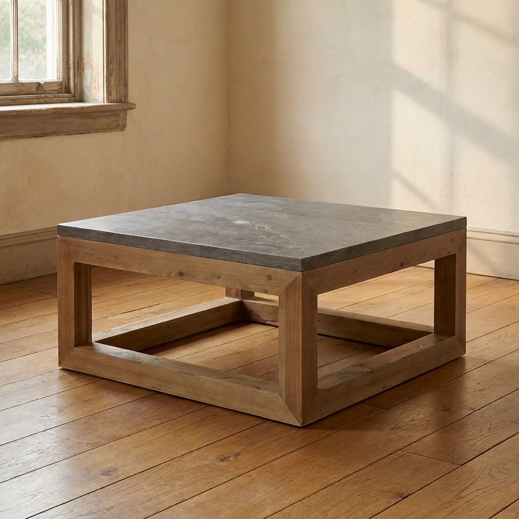 Lifestyle scene featuring Square Nat Pine Coffee Table Stone Top. AI-generated supplementary image; refer to primary product photos for color and material accuracy.