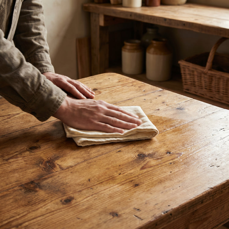 Hands rubbing soft wax into a reclaimed pine tabletop with a folded cotton cloth