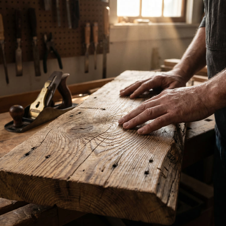 Craftsman hands resting on a thick slab of weathered reclaimed pine showing rich grain and patina