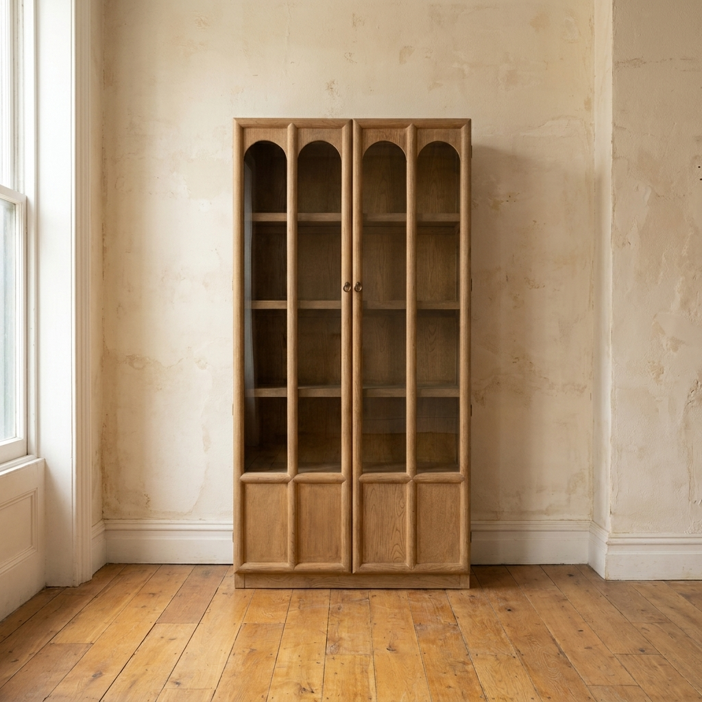 Lifestyle scene featuring Tall Arched Glass Two Door Cabinet. AI-generated supplementary image; refer to primary product photos for color and material accuracy.