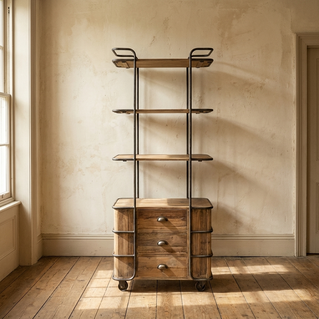 Lifestyle scene featuring Tall Open Pine Shelf W/Casters - D. AI-generated supplementary image; refer to primary product photos for color and material accuracy.