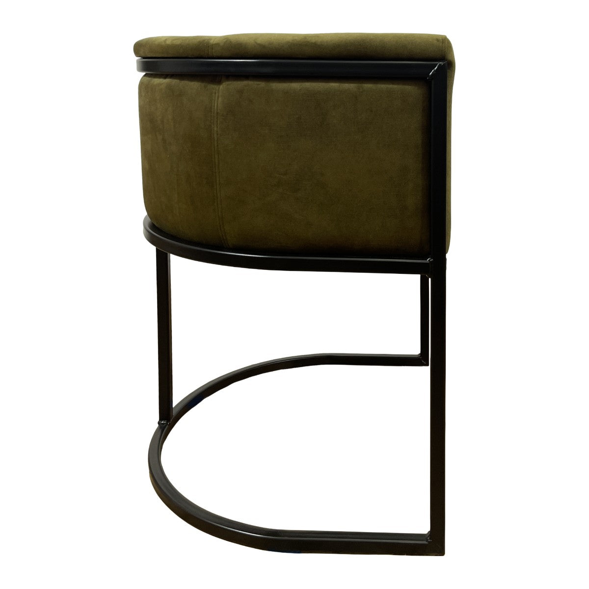 Compact armchair upholstered in moss green on a continuous steel frame