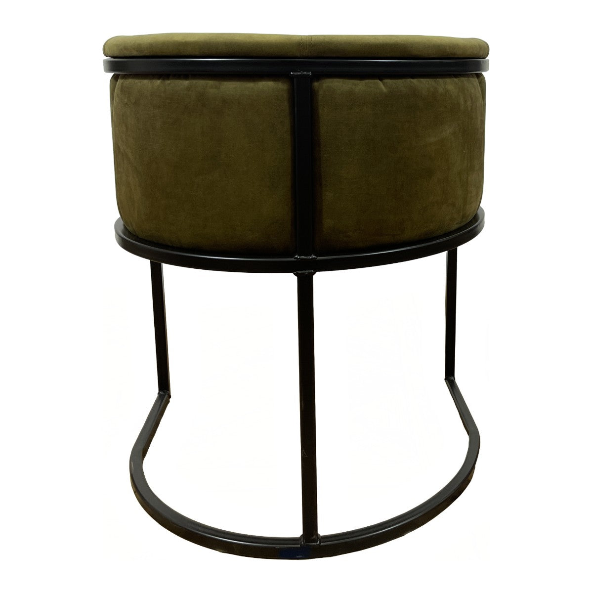 Compact armchair upholstered in moss green on a continuous steel frame