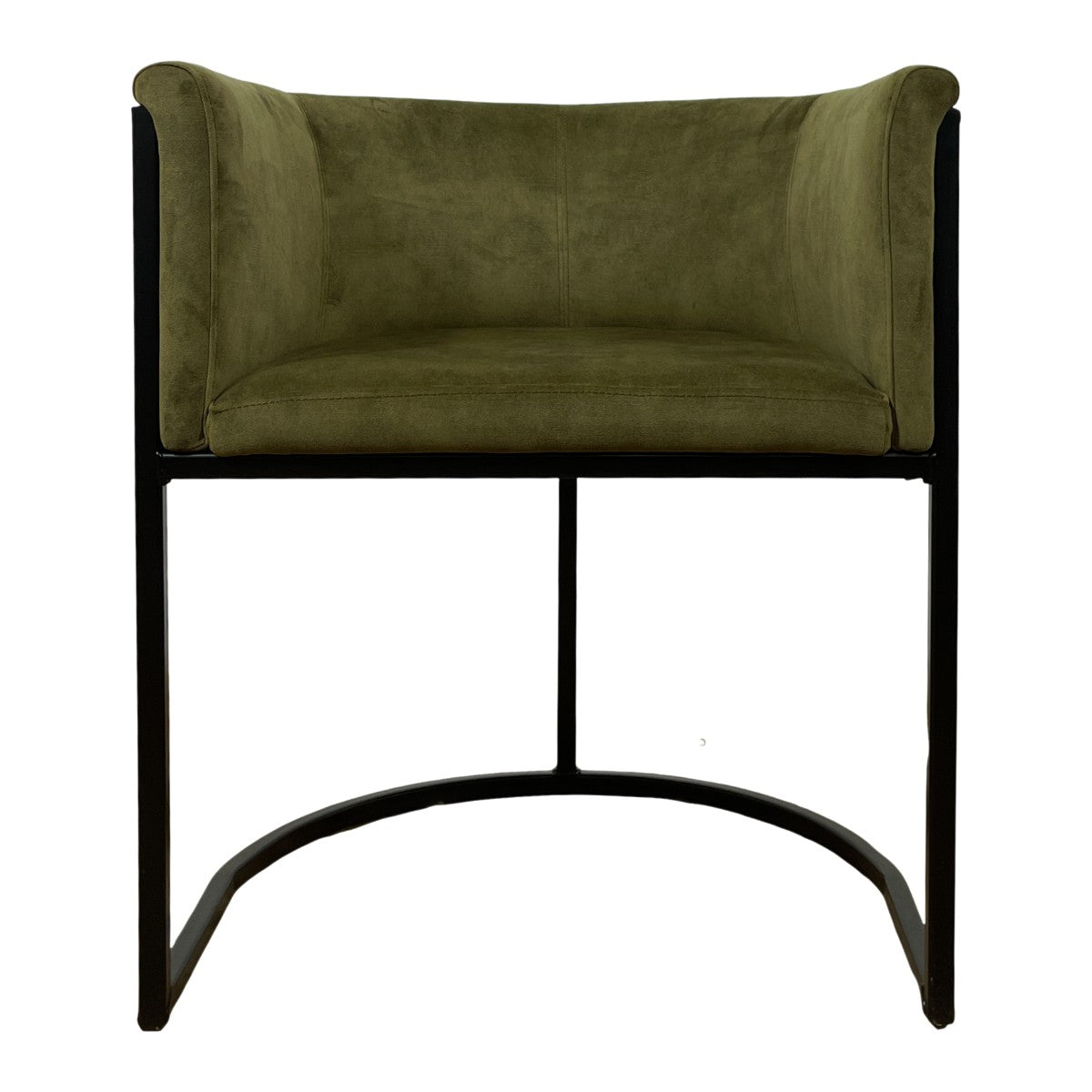 Compact armchair upholstered in moss green on a continuous steel frame