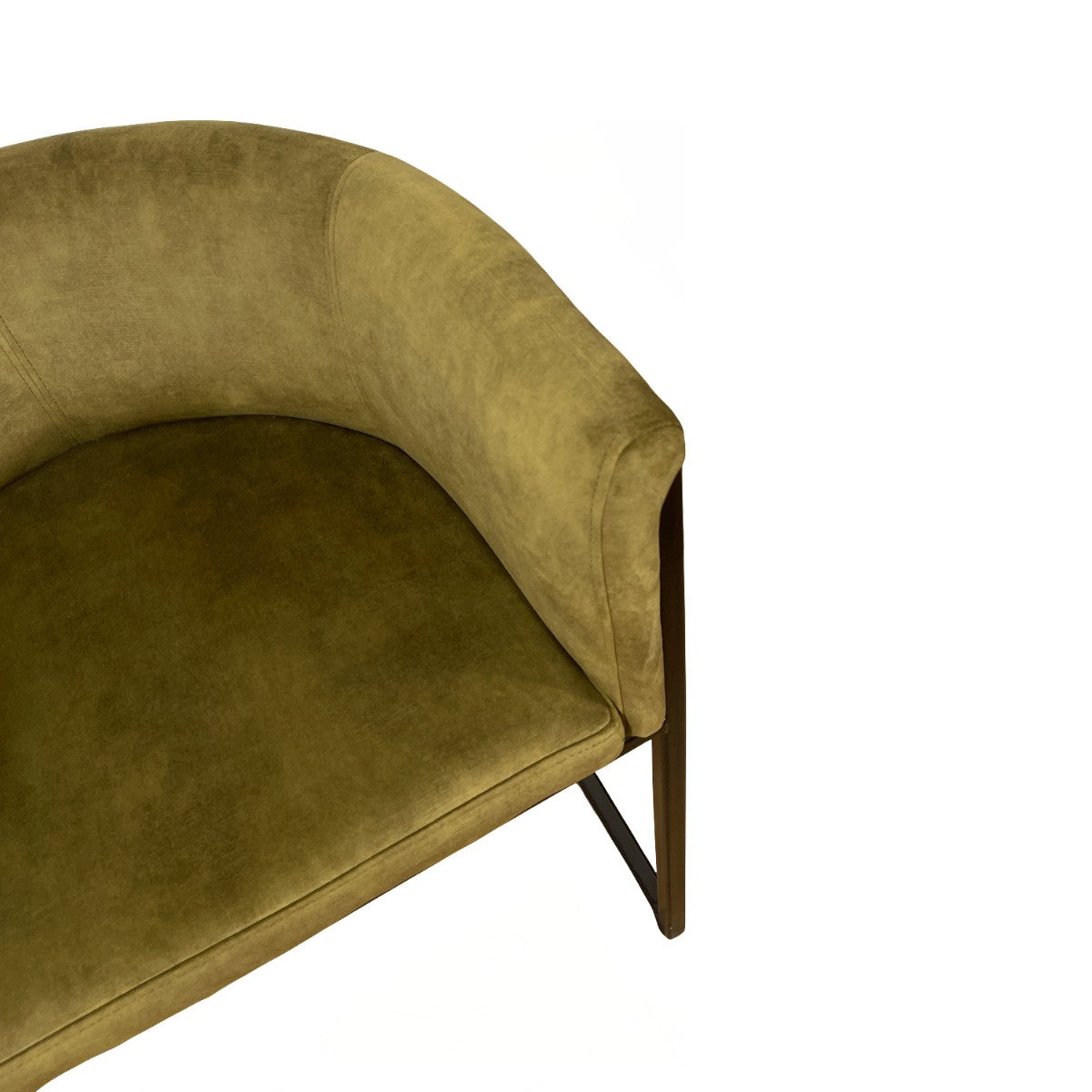 Compact armchair upholstered in moss green on a continuous steel frame
