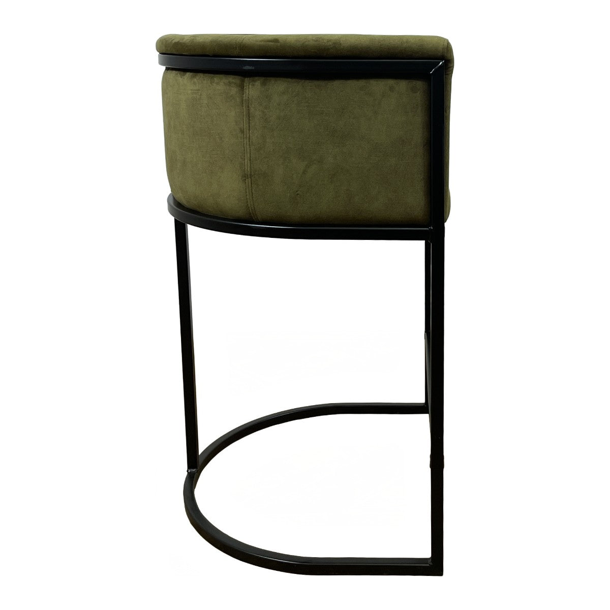 Counter chair upholstered in moss green on a cantilevered metal frame