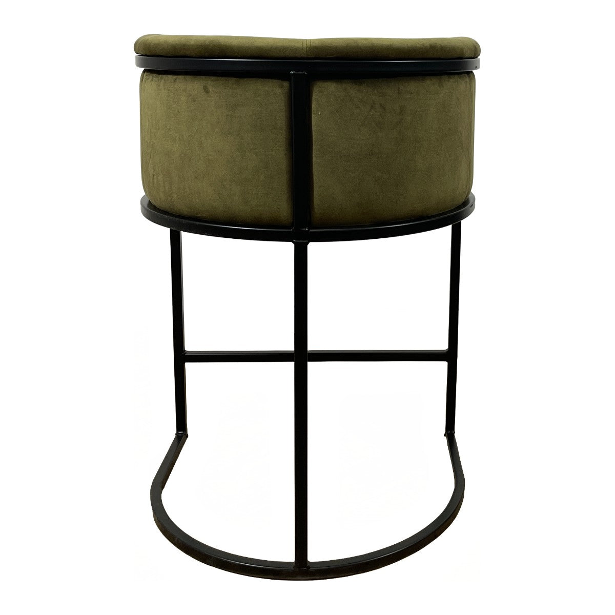 Counter chair upholstered in moss green on a cantilevered metal frame
